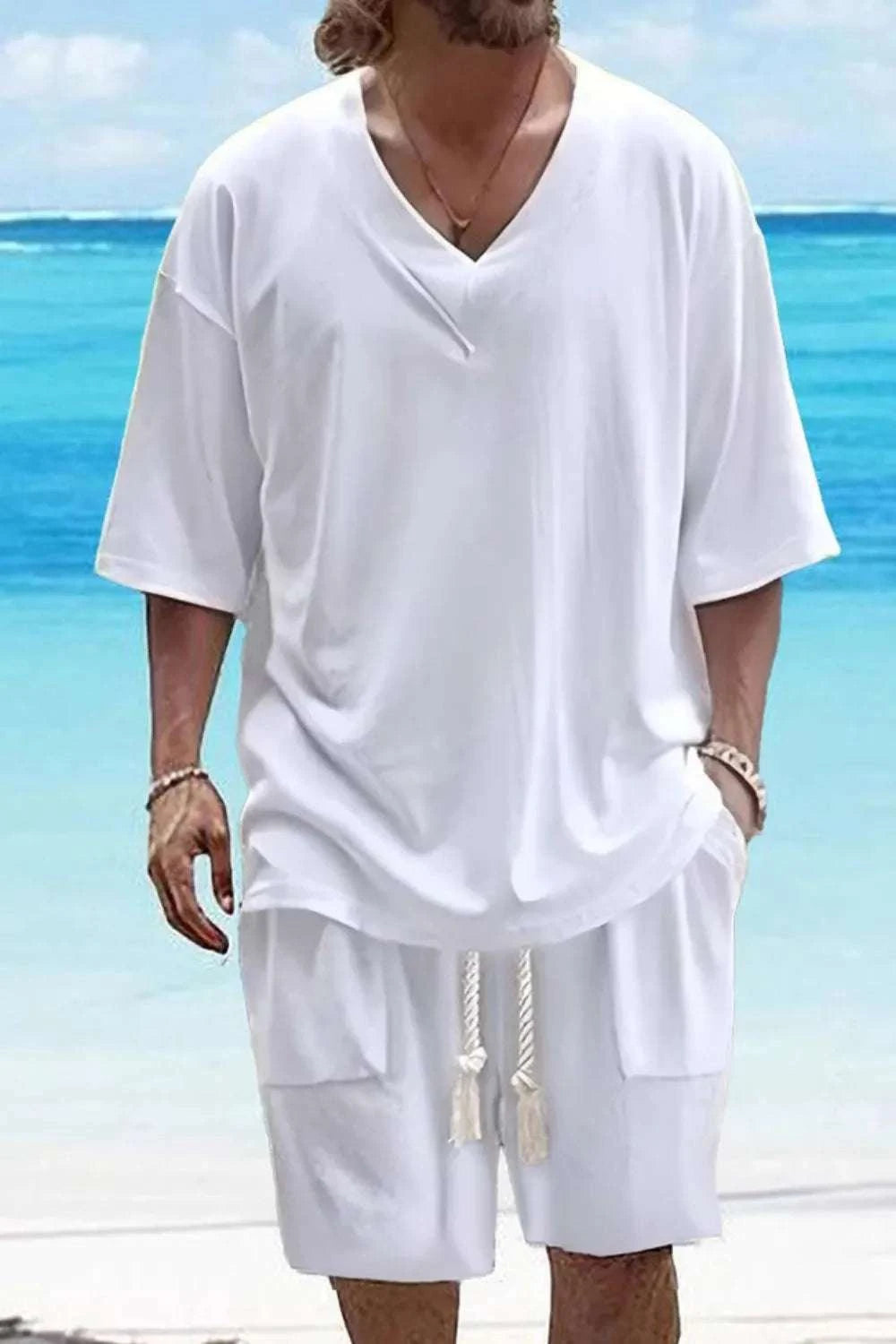V-Neck Half Sleeve Top and Shorts Set in white, perfect for casual wear or workouts, featuring lightweight, breathable fabric and elastic waistband.