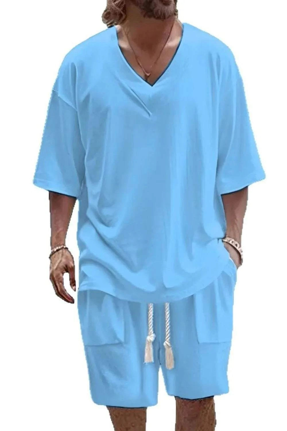 V-Neck Half Sleeve Top and Shorts Set in light blue, casual and breathable activewear for men.