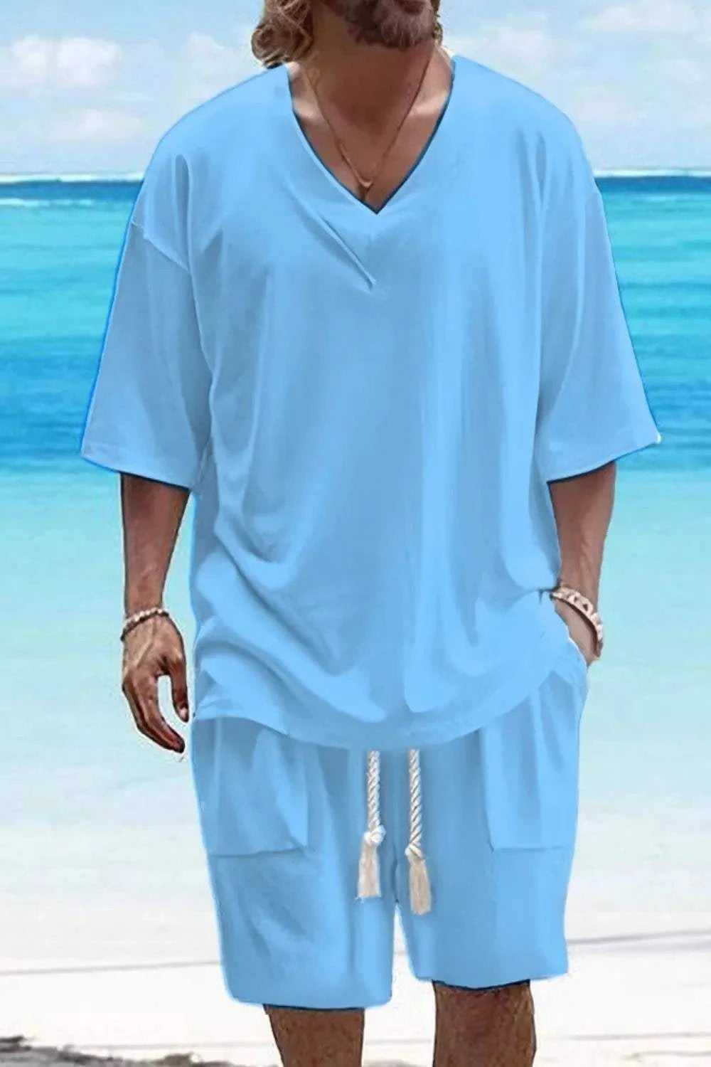 V-Neck Half Sleeve Top and Shorts Set in blue, ideal for casual wear, workouts, or lounging.