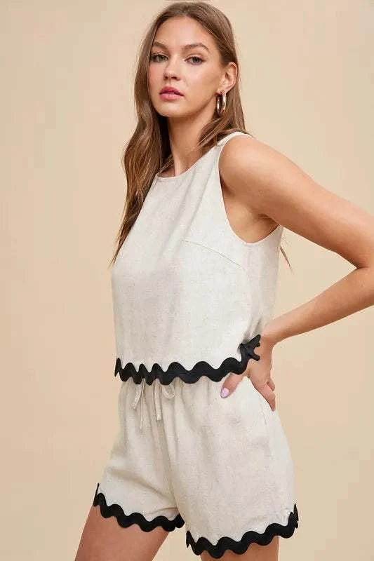 Annie Ric Rac Top and Shorts Set with vintage charm, featuring ric rac trim and lightweight fabric for stylish comfort.
