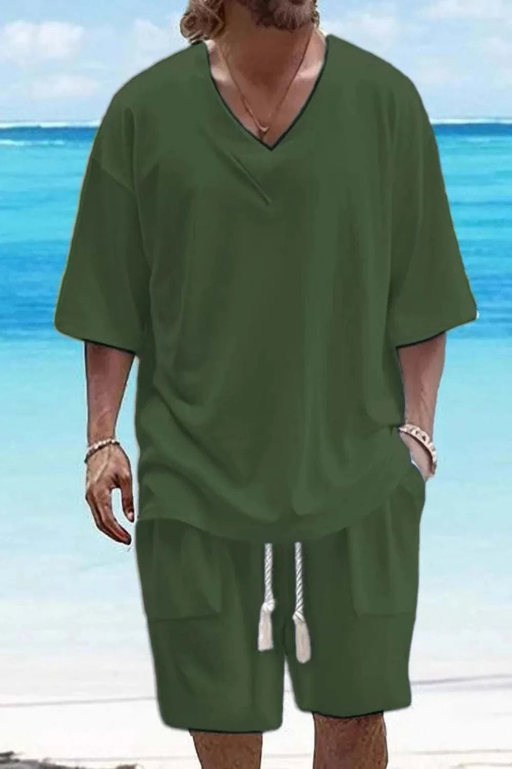 V-Neck Half Sleeve Top and Shorts Set in green with breathable fabric, ideal for casual wear and workouts.