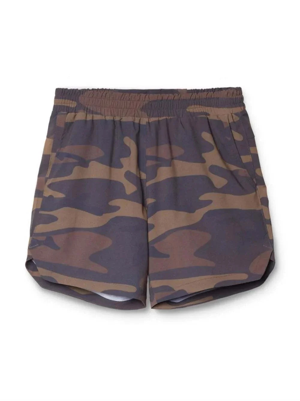 Camouflage elastic waist active shorts with lightweight, breathable fabric.