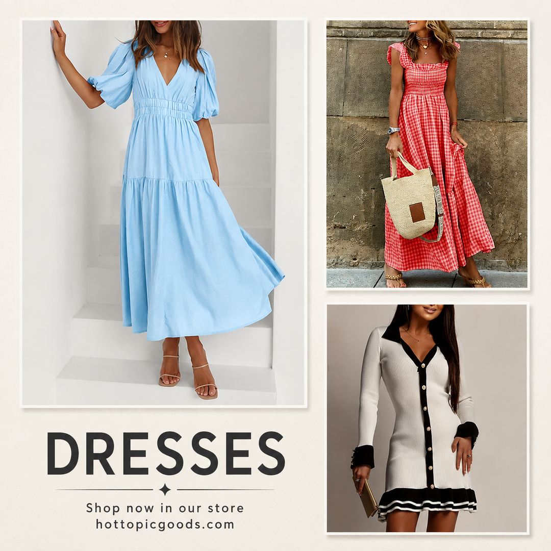 Variety of stylish dresses including casual, cocktail, evening gowns, maxi, midi, and shirt dresses displayed in different fabrics and lengths