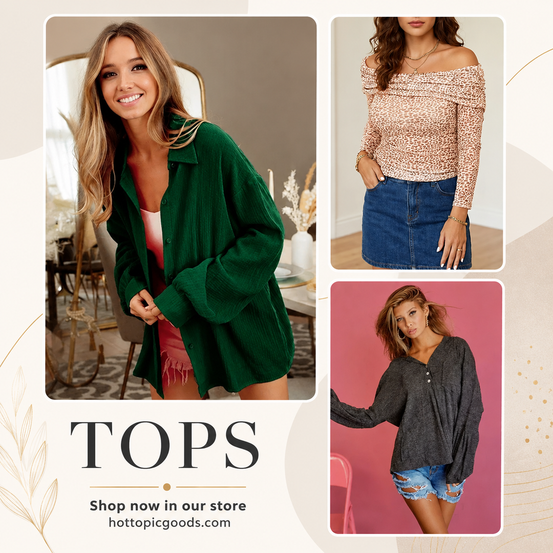 Variety of clothing tops including t-shirts, blouses, sweaters, tank tops, and crop tops in different styles and colors