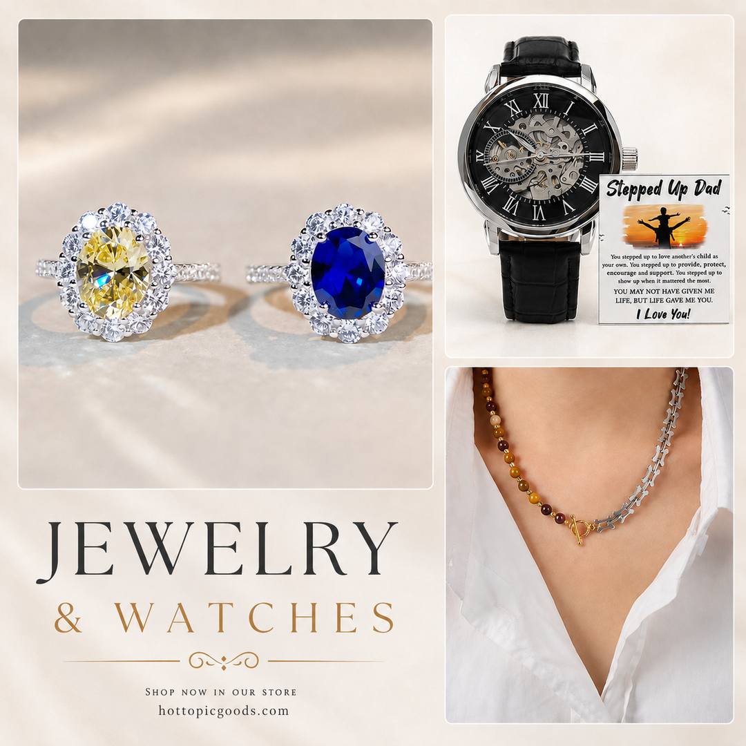 Assorted jewelry and watches including necklaces, bracelets, rings, and various watch styles displayed as stylish personal accessories