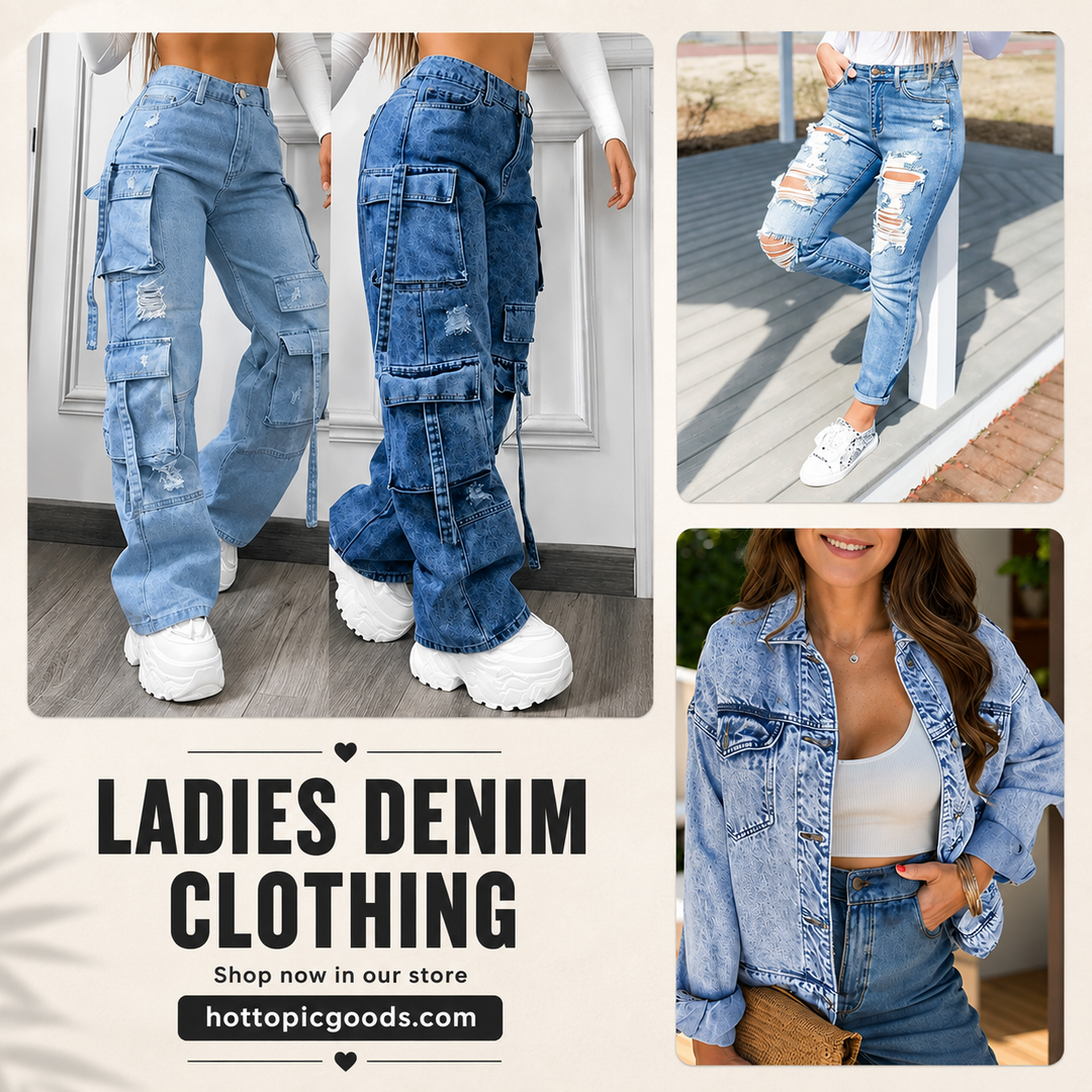 Collection of ladies denim clothing including jeans, jackets, and dresses for stylish comfort