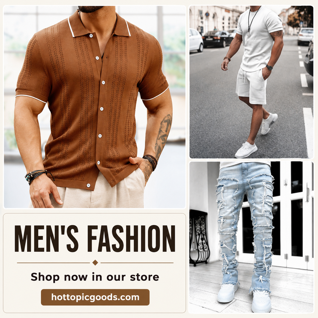 Stylish mens fashion collection featuring trendy apparel and accessories for modern style
