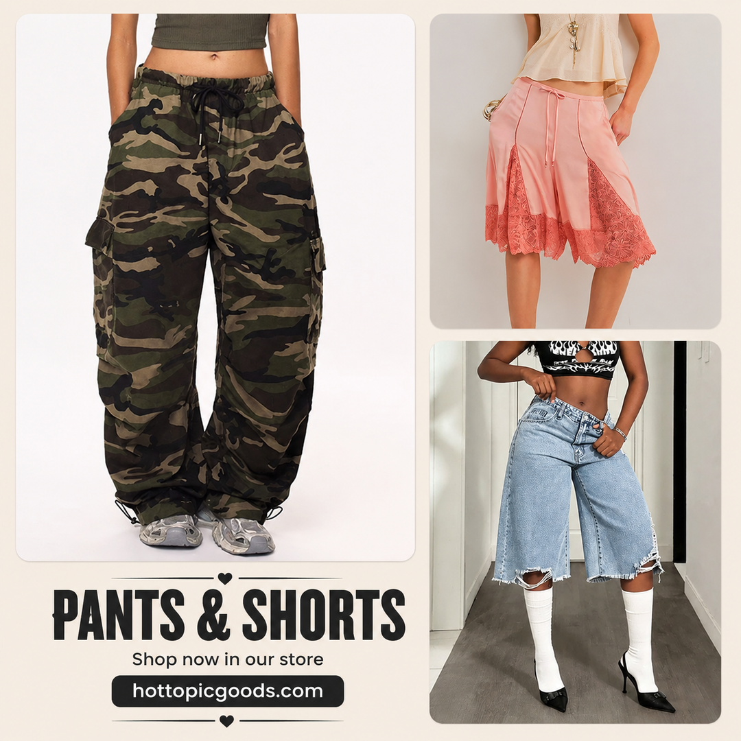 Variety of pants and shorts in different styles and materials for casual and formal wear