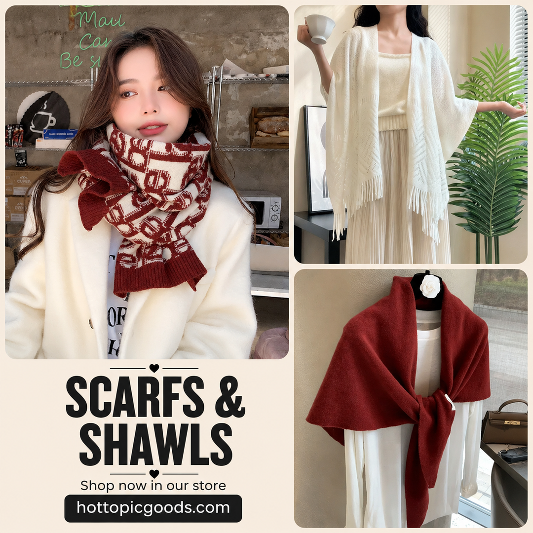Collection of colorful scarfs and shawls displayed on hangers showcasing various patterns and materials