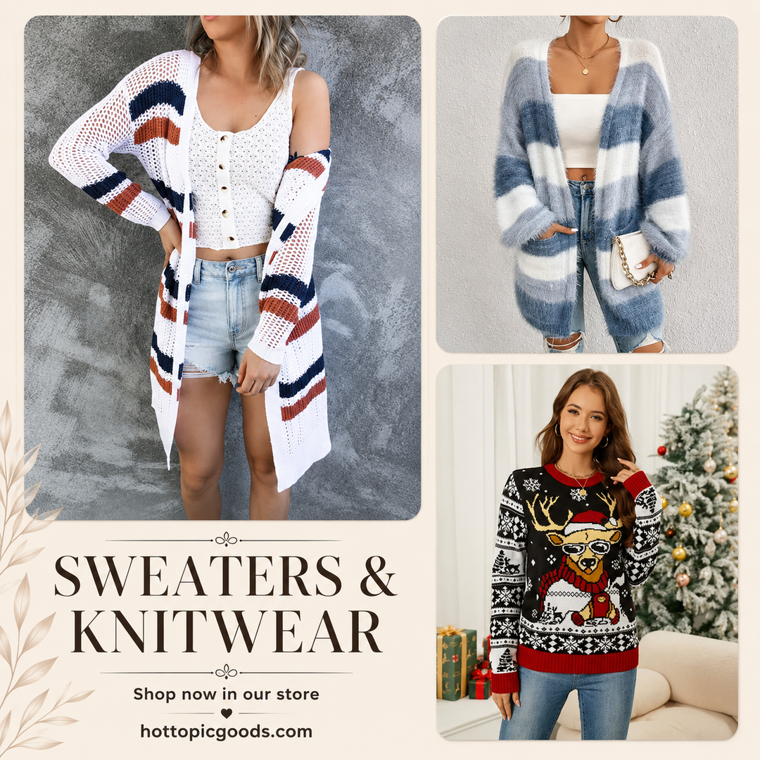 Cozy sweaters and knitwear in various styles and materials for warmth and comfort