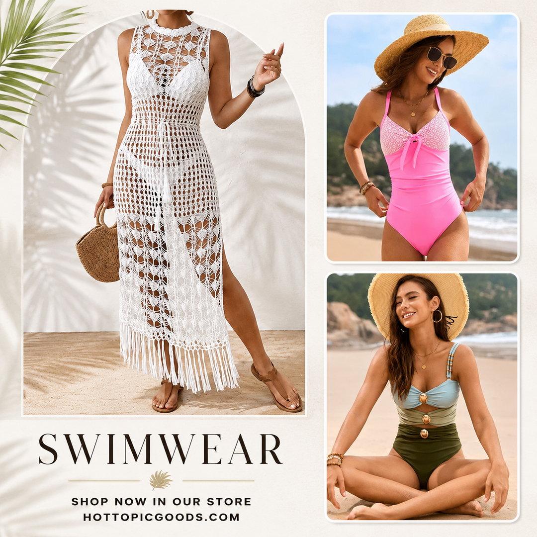 Variety of swimwear including bikinis, one-piece suits, board shorts, and swim trunks displayed on a white background
