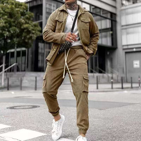 Army green casual sports suit with long sleeves and trousers, perfect for leisure activities.