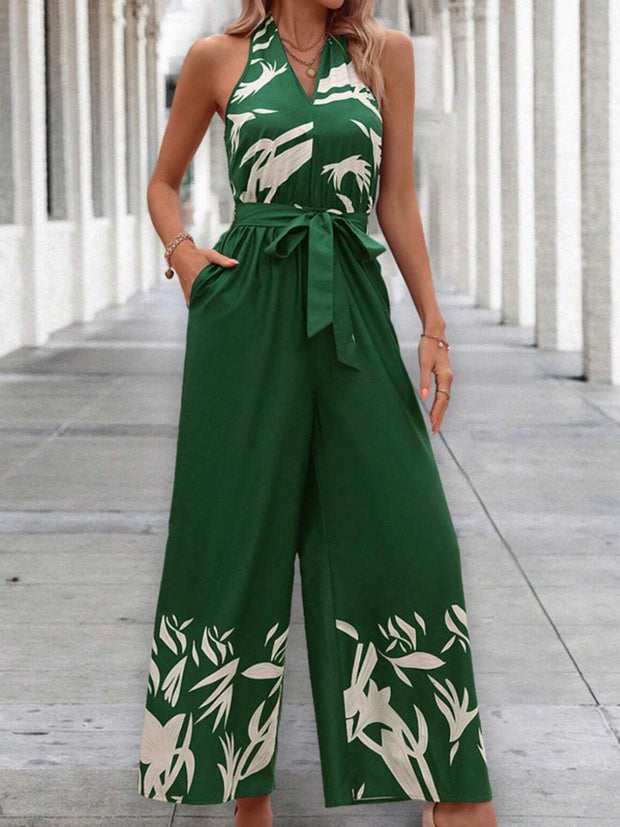 Backless Halter Jumpsuit in green with elegant print and halter neckline, perfect for chic fashion.