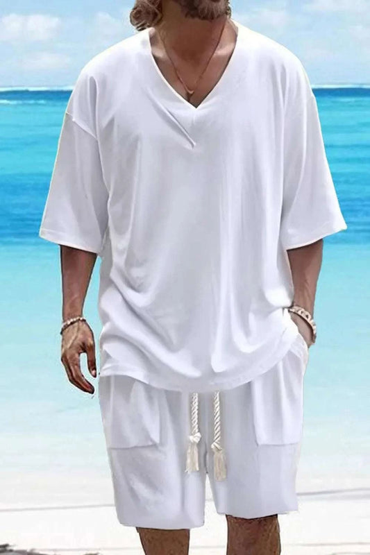V-Neck Half Sleeve Top and Shorts Set in white, perfect for casual wear or workouts, featuring lightweight, breathable fabric and elastic waistband.
