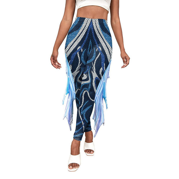 Little Mermaid Fin Print Pants with vibrant mermaid scale design in blue for a whimsical fashion style.