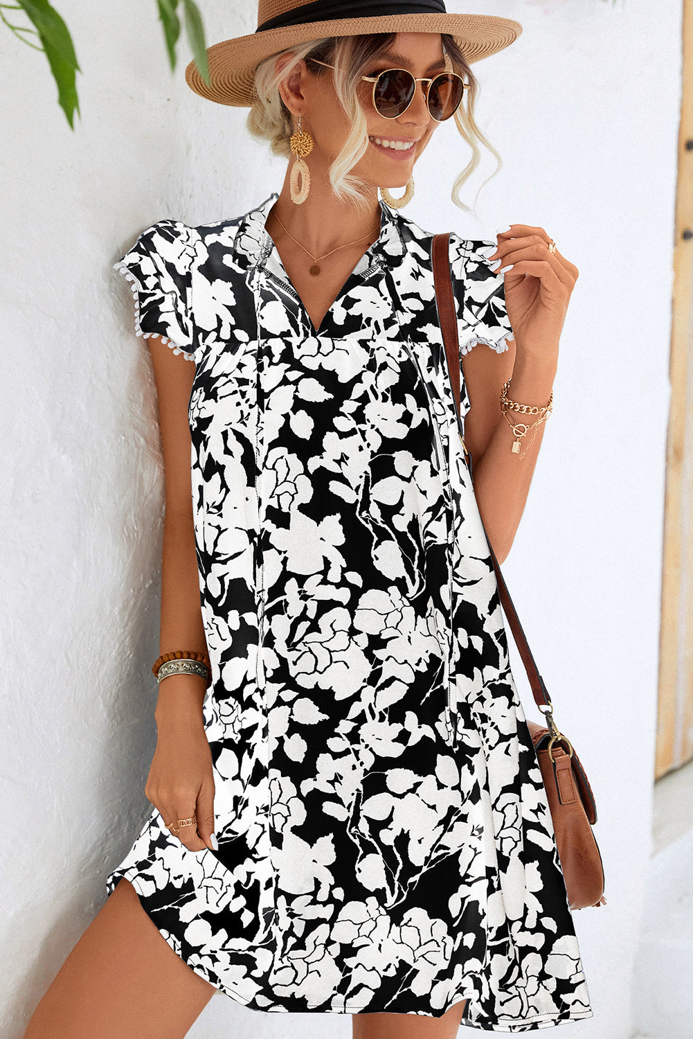 Elegant Black Tie Floral Ruffle Dress