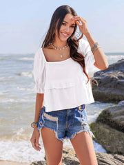Ruffled square neck half sleeve blouse with delicate ruffles in white, perfect for casual and semi-formal occasions.