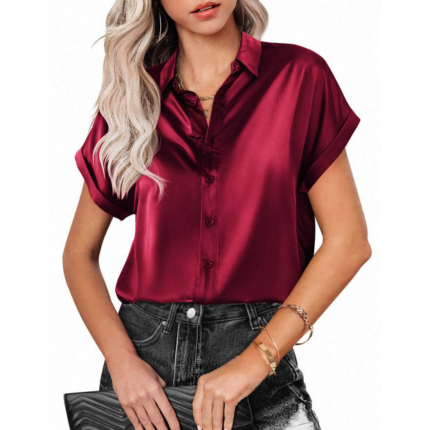 Short Sleeve Blouse in red, lightweight fabric, ideal for warm weather, casual and stylish design.