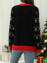 Back view of Christmas Tree Santa Round Neck Sweater with festive patterned sleeves and red ribbed cuffs and hem