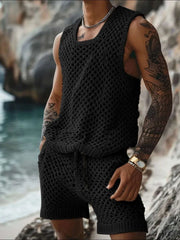 Plus size hollowed out tank and shorts set for men in black, featuring breathable fabric and trendy design.