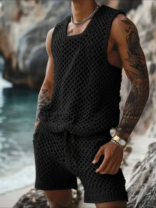 Plus size hollowed out tank and shorts set for men in black, featuring breathable fabric and trendy design.