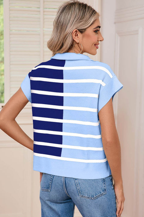 Sky Blue Stripe Knit Vest with bold horizontal stripes, worn with jeans for a casual look.