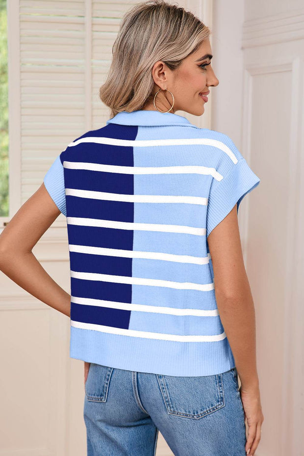Sky Blue Stripe Knit Vest with bold horizontal stripes, worn with jeans for a casual look.