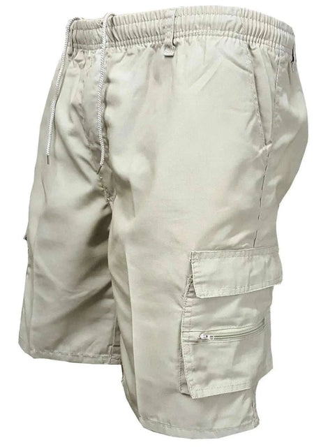 Plus Size Drawstring Shorts with Cargo Pockets in beige, featuring adjustable waistband and spacious pockets for versatile casual wear.
