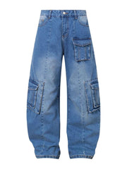 Men's wide leg cargo jeans in durable denim with multiple pockets and relaxed fit
