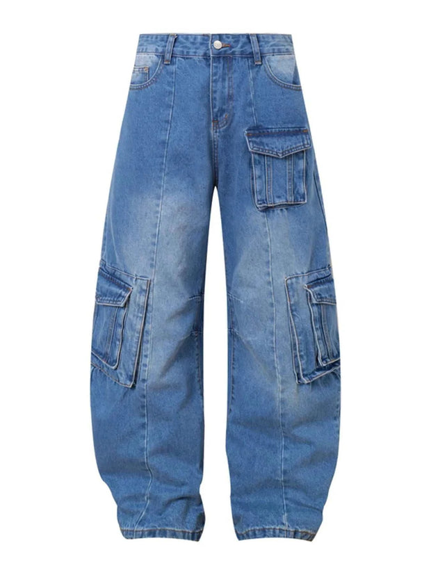 Men's wide leg cargo jeans in durable denim with multiple pockets and relaxed fit