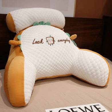 Fluffy Sofa Cushion Pillow on bed with "Lack everyday" embroidery, plush ergonomic design.