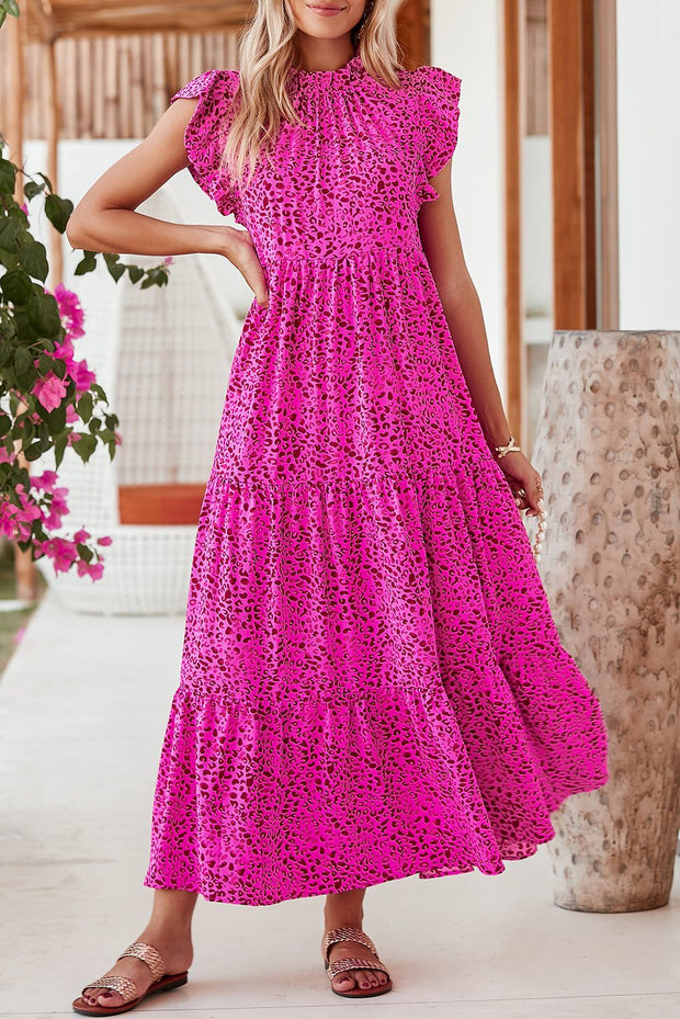 Rose Red Leopard Print Maxi Dress with ruffle sleeves and a flowing silhouette.