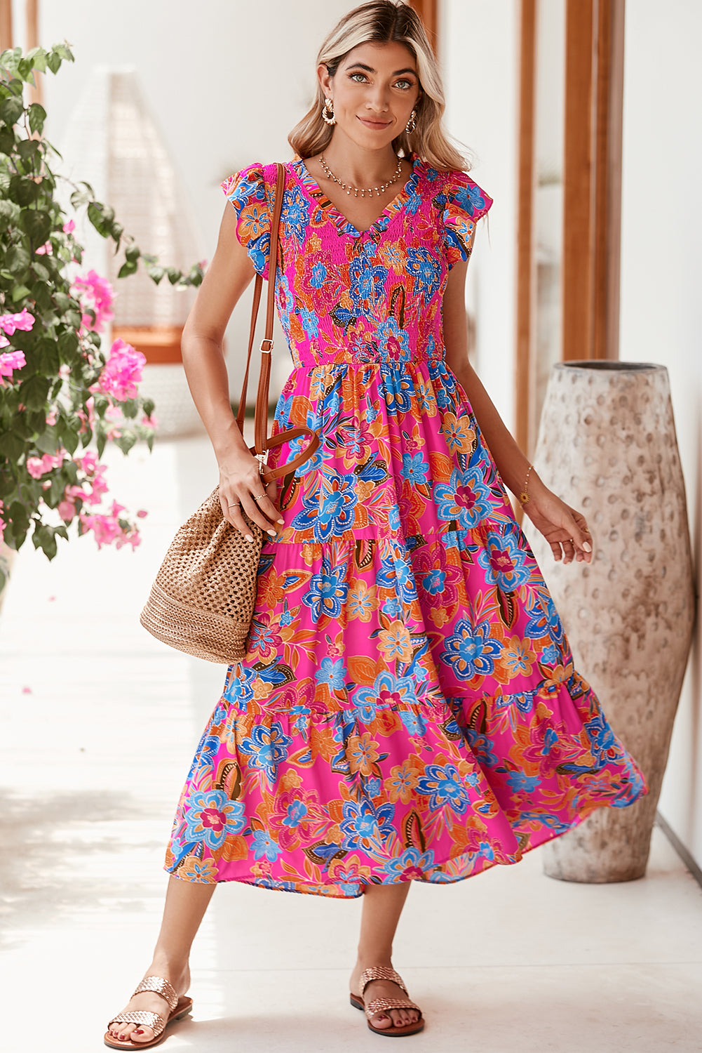 Boho Floral V Neck Long Dress