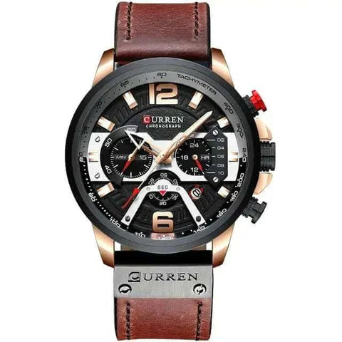 Military Leather Chronograph Watch with black dial and brown leather strap featuring sub-dials for precision timekeeping.
