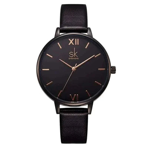 Sleek black Shengke Fashion Watch with elegant design and leather strap.