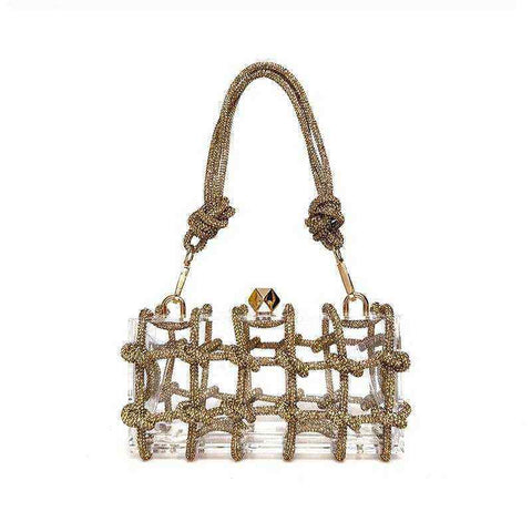 French Rhinestone Square Handbag with sparkling rhinestones and detachable chain strap.