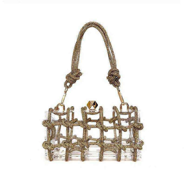 French Rhinestone Square Handbag with sparkling rhinestones and detachable chain strap.