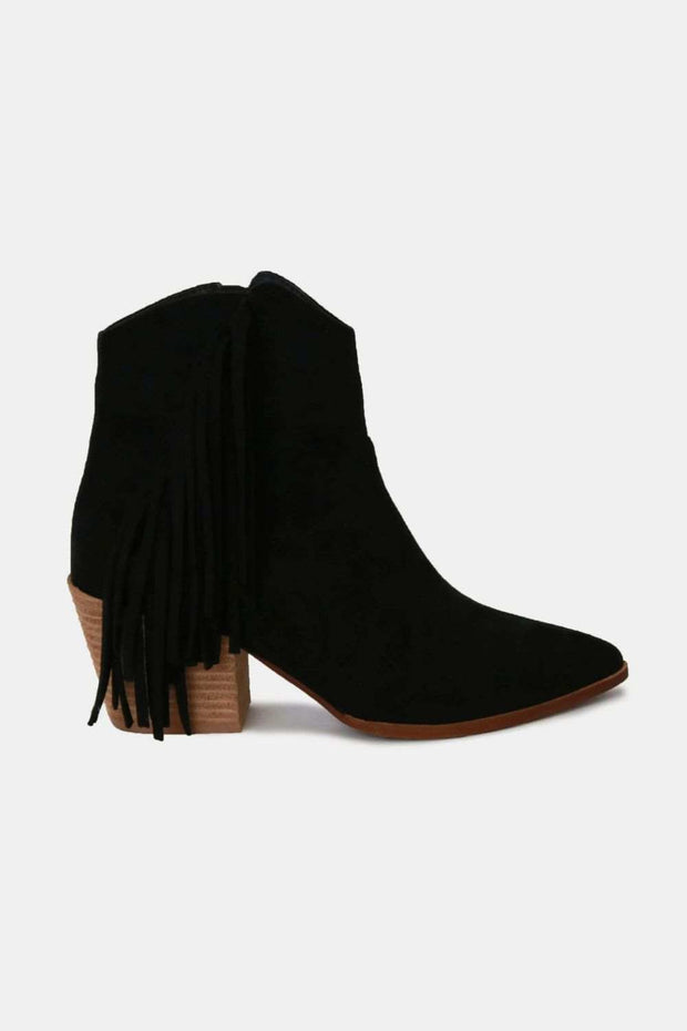 Black suede ankle boots with fringe detail and mid heel.
