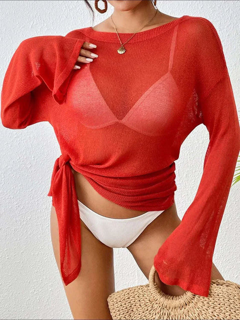 Round Neck Slit Cover-Up in red, featuring side slits and lightweight fabric, perfect for beach or poolside.