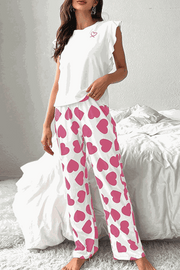Pink Heart Ruffle Pajama Set with sleeveless top and relaxed fit pants.