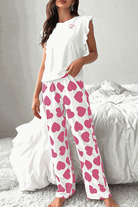 Pink Heart Ruffle Pajama Set with sleeveless top and relaxed fit pants.