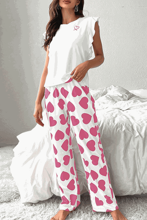 Pink Heart Ruffle Pajama Set with sleeveless top and relaxed fit pants.