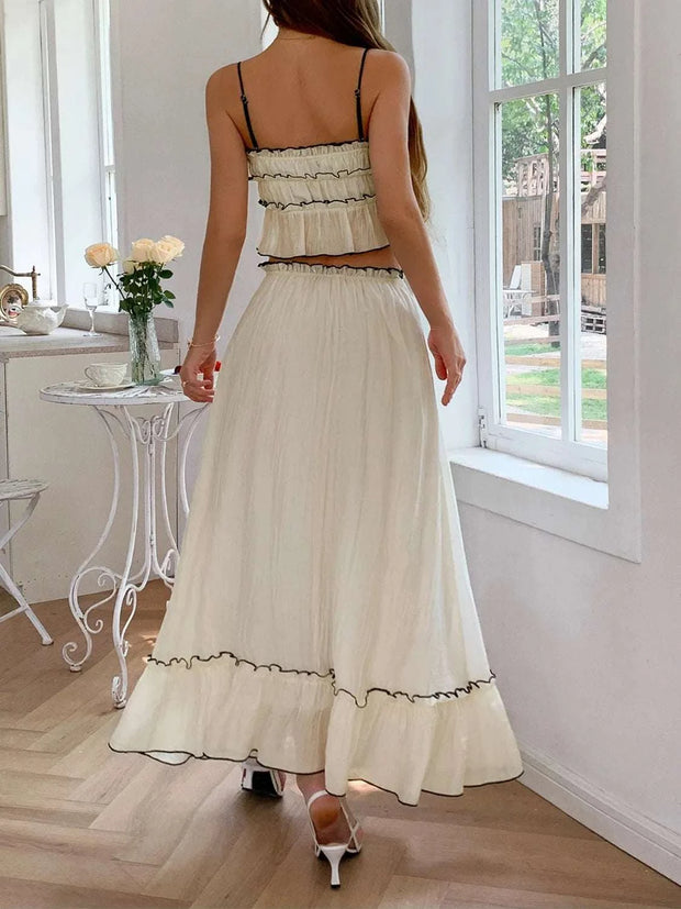 Frill Square Neck Cami and Skirt Set with delicate frills, free-flowing design, and A-line skirt in a soft, lightweight fabric.
