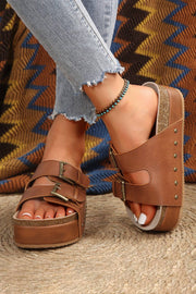 Chestnut Studded Platform Slides with dual buckle design and studded detailing.