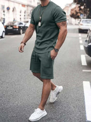Plus Size Short Sleeve Top and Shorts Set in green, perfect for casual wear.