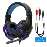 Led Light Wired Gamer Headset with vibrant LED lights, noise-canceling microphone, and 2-in-1 adapter cable.
