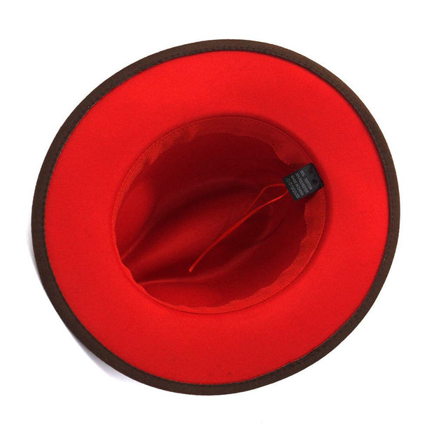 Two-tone flat brim fedora with outer brown and inner red color, bell crown style.