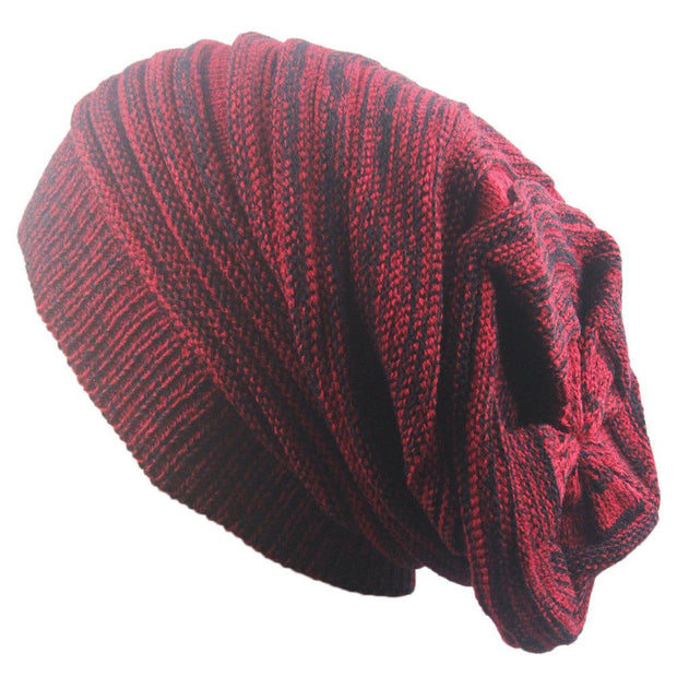 Two-color pleated pullover hat in red, featuring a unique texture and cozy fit.