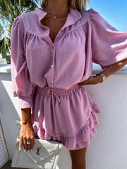 Cotton linen shirt outfit in pink with relaxed fit and button-down design, perfect for warm-weather wear.