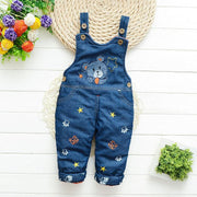 Children blue overalls with cartoon pattern, adjustable straps, and button details, ideal for active toddlers.